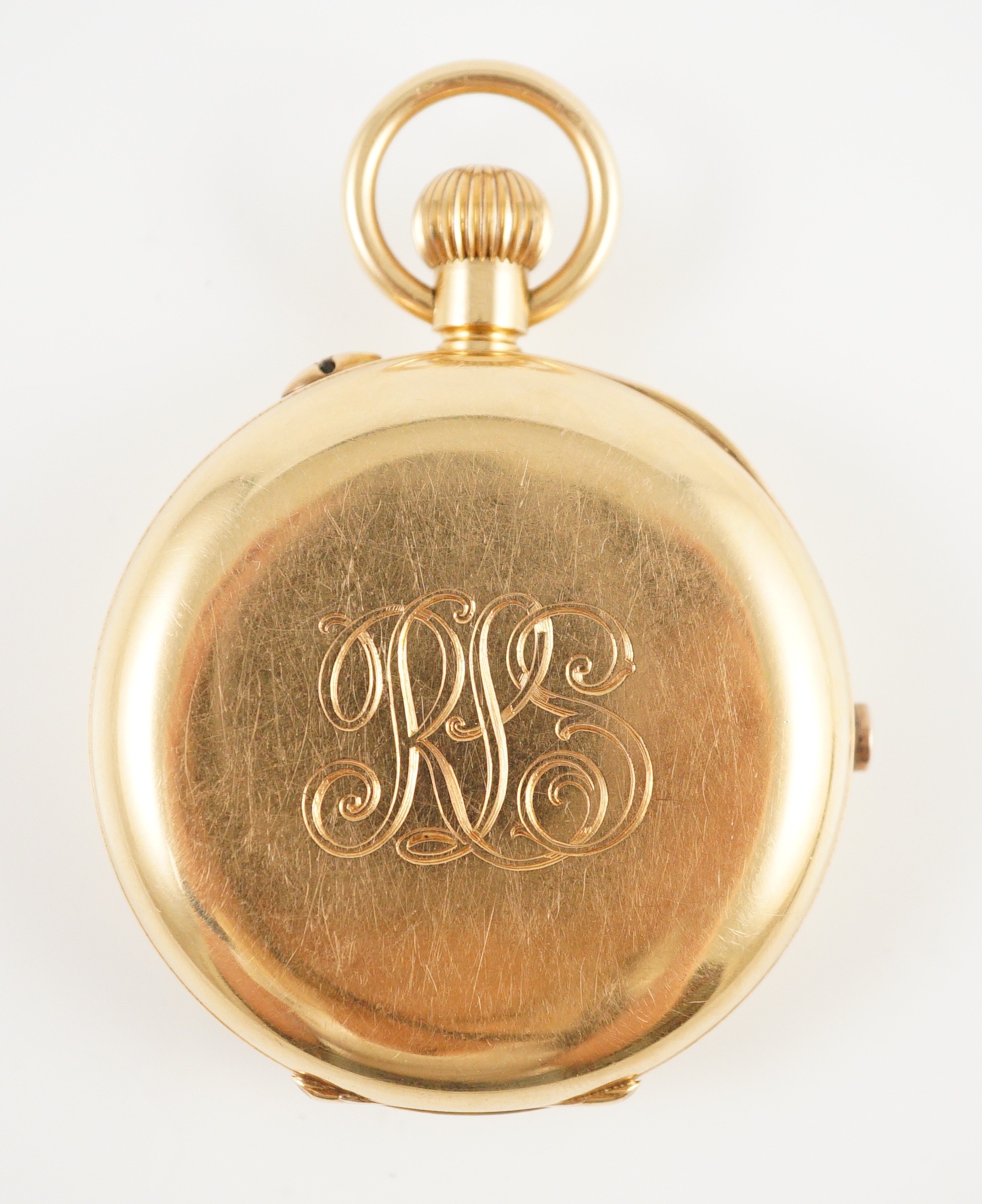 An early 20th century Swiss 18ct gold hunter keyless chronograph pocket watch